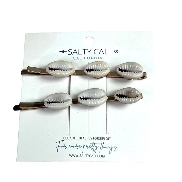 Salty Cali Puka Shell Hair Bobby Pins Accessory Gold Tone Cream Beachly NIP - Picture 1 of 4